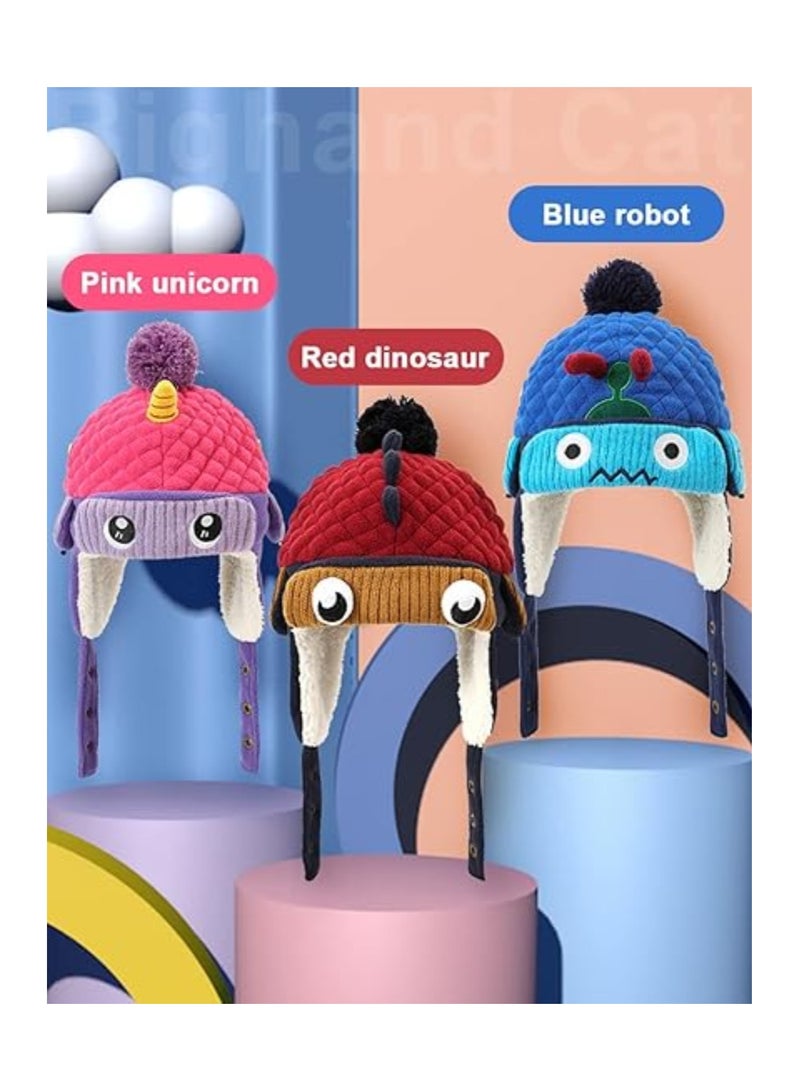 SOLARAE قبعة شتوية للأطفال مع أذنين، قبعة دافئة على شكل ديناصور كرتوني للأولاد والبنات، قبعة كروشيه للأطفال الصغار، قبعة دافئة، قبعات صوفية دافئة، قبعة لحماية الأذنين - Image 3