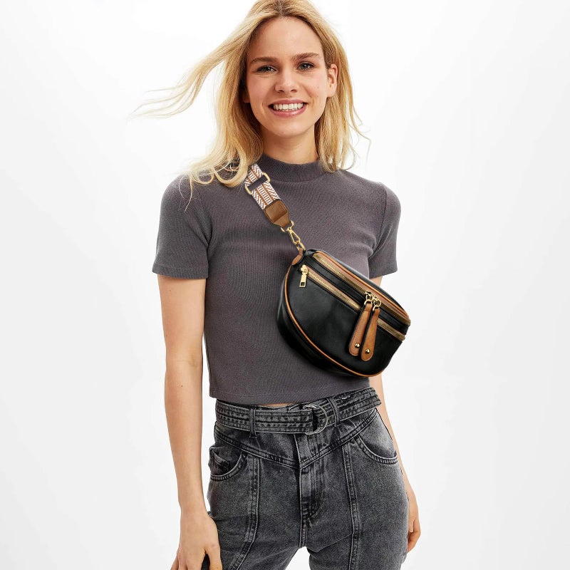 KKXIU Crossbody Sling Bag for Women Trendy Fanny Pack Vegan Leather Chest Bag(Apricot) - Image 2