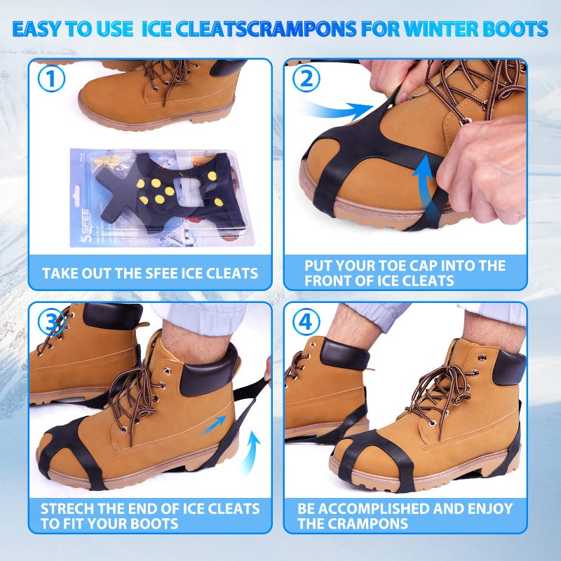 Sfee 4 Pairs Ice Cleats for Boots Shoes, Snow Grips Cleats for Ice and Snow Anti-Slip Rubber Traction Cleats for Walking on Snow and Ice 10 Steel Studs Crampons for Hiking, Walking, Climbing, Jogging - Image 4