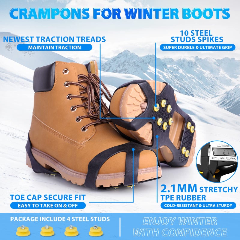 Sfee 4 Pairs Ice Cleats for Boots Shoes, Snow Grips Cleats for Ice and Snow Anti-Slip Rubber Traction Cleats for Walking on Snow and Ice 10 Steel Studs Crampons for Hiking, Walking, Climbing, Jogging - Image 2