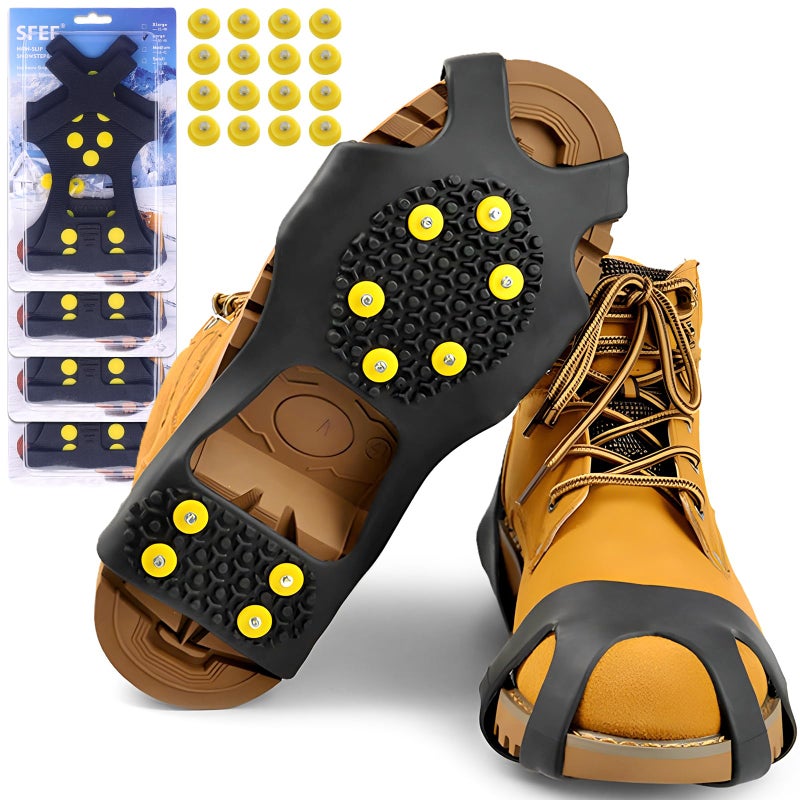 Sfee 4 Pairs Ice Cleats for Boots Shoes, Snow Grips Cleats for Ice and Snow Anti-Slip Rubber Traction Cleats for Walking on Snow and Ice 10 Steel Studs Crampons for Hiking, Walking, Climbing, Jogging - Image 1