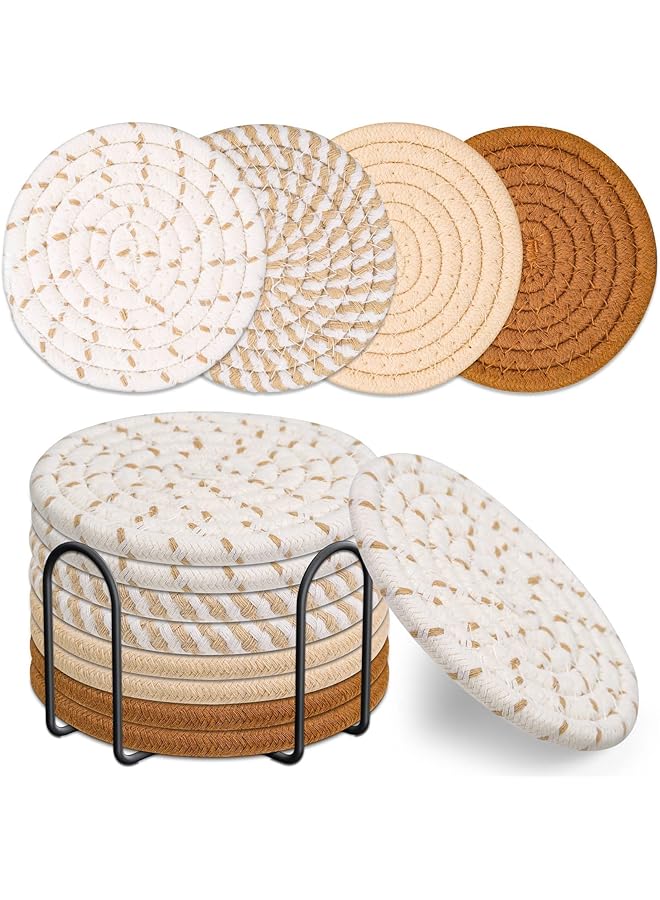 erorex 8 Pcs Drink Coasters With Holder 4 Colors Absorbent Coasters For Drinks Minimalist Cotton Woven Coaster Set For Home Decor Tabletop Protection Suitable For Kinds Of Cups 4.3 Inches - Image 1