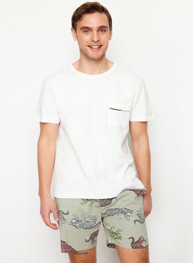 trendyol Ecru Regular Fit Animal Patterned Couple/Double Knitted Shorts Men's Pajama Set - Image 3