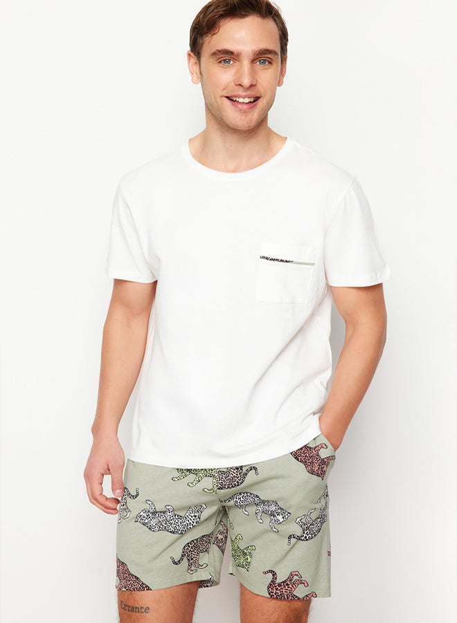 trendyol Ecru Regular Fit Animal Patterned Couple/Double Knitted Shorts Men's Pajama Set - Image 2