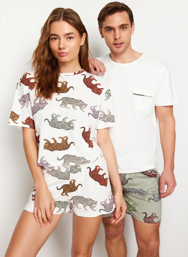 trendyol Ecru Regular Fit Animal Patterned Couple/Double Knitted Shorts Men's Pajama Set - Image 1