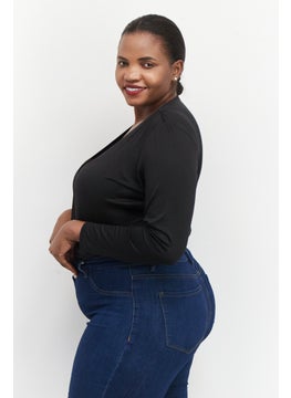 Black Tape Women Plus Size Plain Long Sleeve Bodysuit, Black  - Image 4