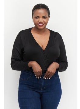 Black Tape Women Plus Size Plain Long Sleeve Bodysuit, Black  - Image 1