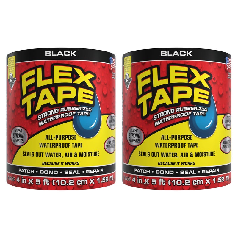 Flex Tape, Original Thick Flexible Rubberized Waterproof Tape - Seal and Patch Leaks, Works Underwater, Indoor Outdoor - Home RV Roof Plumbing and Pool Repairs, Black, 4 in x 5 ft, Pack of 2 - Image 1