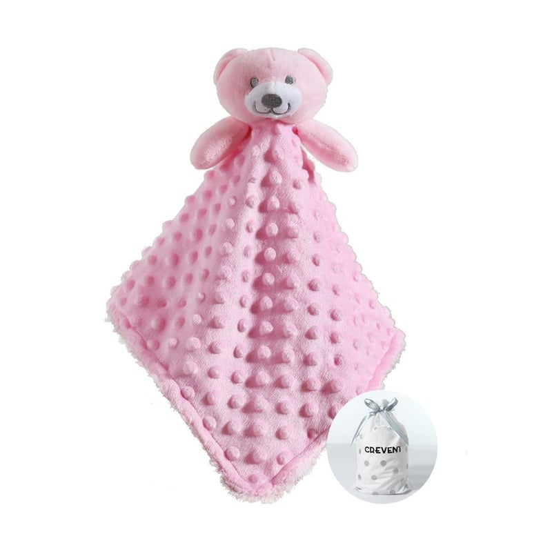 CREVENT Baby Comforting Security Blanket Lovey for Newborn Baby Girls Infants Minky Dot Front  Sherpa Backing with Animal Face Pink Bear