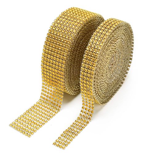 BTSD-home BTSDhome 20Yards Rhinestone Ribbon Roll Diamond Ribbon for Crafts Cake Birthday Decorations Wedding Baby Shower Event and Arts 2 Rolls Gold