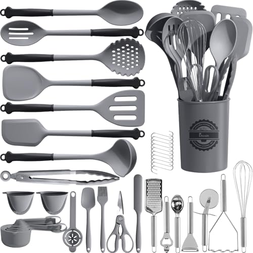 Kikcoin 43Pcs Large Kitchen Utensils Set - Silicone Cooking Utensils Set, Dishwasher Safe Spatula Set for Non-stick Cookware, 446°F Heat Resistant Kitchen Utensils Set with Holder BPA Free, Grey - Image 1