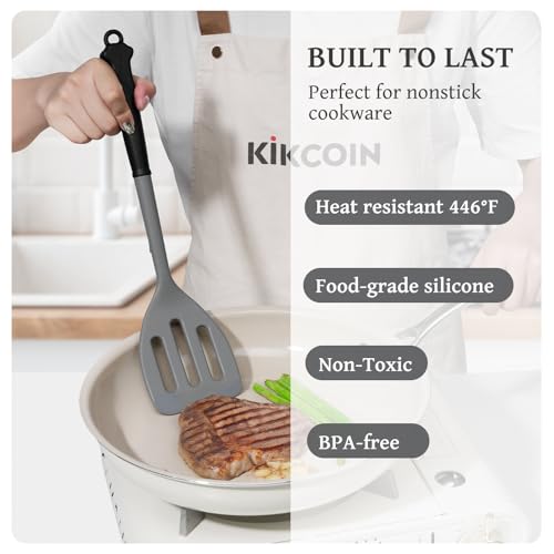Kikcoin 43Pcs Large Kitchen Utensils Set - Silicone Cooking Utensils Set, Dishwasher Safe Spatula Set for Non-stick Cookware, 446°F Heat Resistant Kitchen Utensils Set with Holder BPA Free, Grey - Image 3