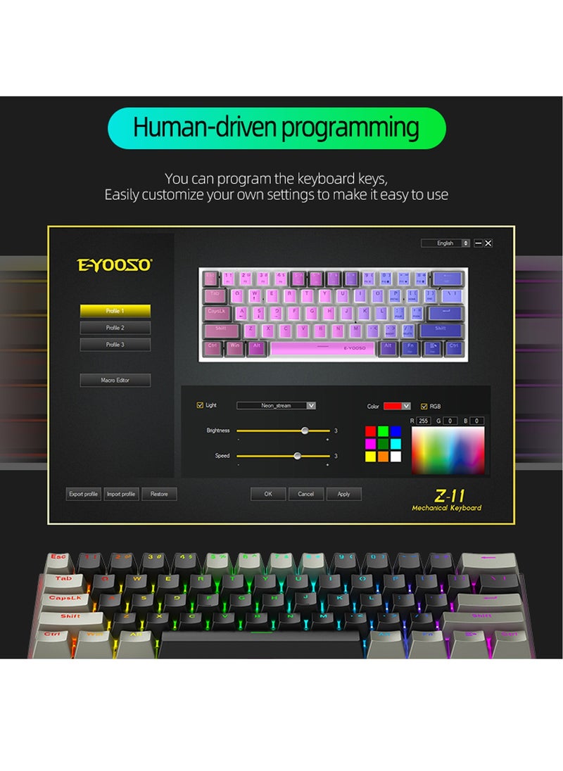 E-YOOSO - Z-11 61 Keys Mechanical Gaming Keyboard,Red Switch 60% Wired Compact Keyboard,RGB Backlit and Metal Panel for Windows,Mac OS-Grey Black - Image 1