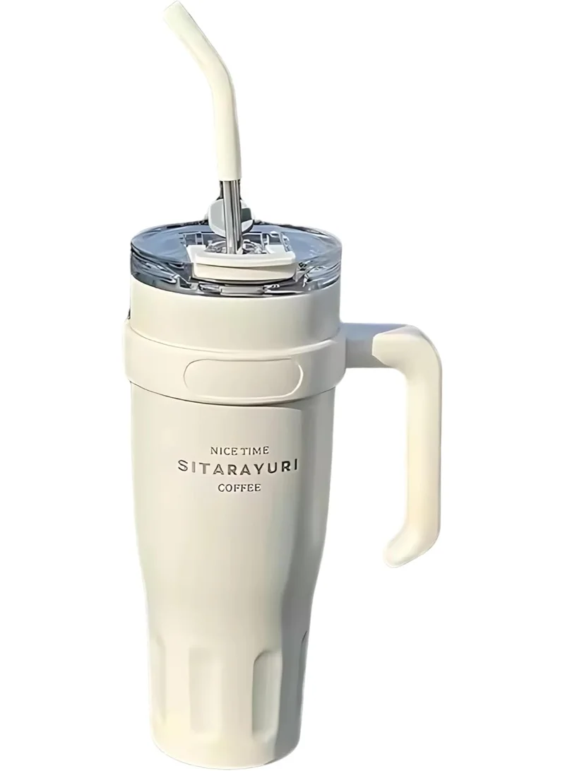 40oz Stainless Steel Tumbler with Handle – Leakproof, Insulated Travel Mug with Lid & Straw – Reusable Double-Wall Vacuum Cup for Hot & Cold Drinks for Girls and Boys for Outdoor (White)