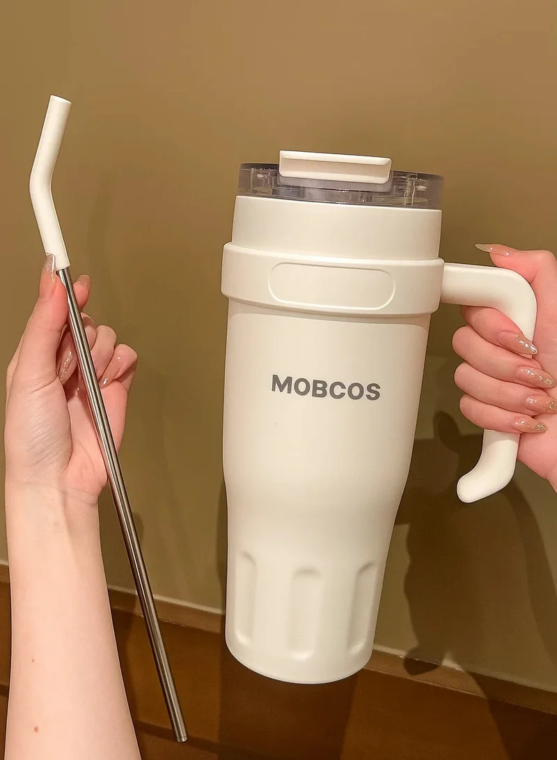 Mobcos 40oz Stainless Steel Tumbler with Handle – Leakproof, Insulated Travel Mug with Lid & Straw – Reusable Double-Wall Vacuum Cup for Hot & Cold Drinks for Girls and Boys for Outdoor (White)