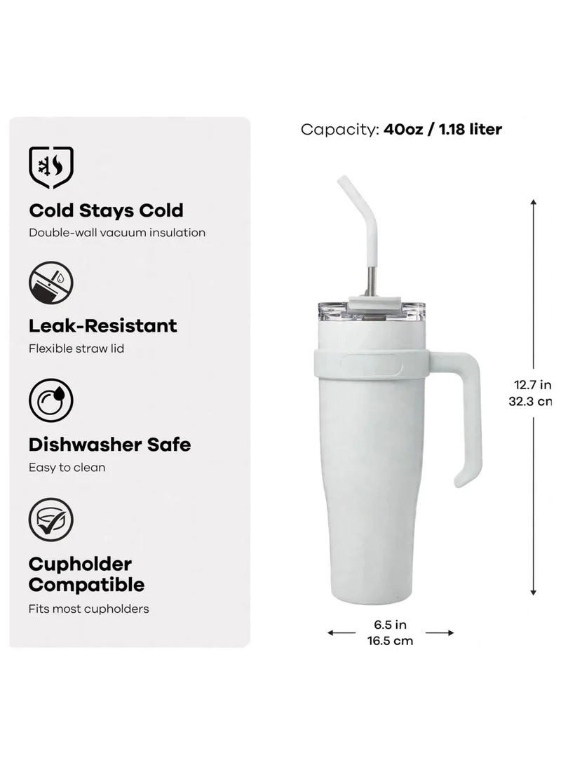 Mobcos 40oz Stainless Steel Tumbler with Handle – Leakproof, Insulated Travel Mug with Lid &amp; Straw – Reusable Double-Wall Vacuum Cup for Hot &amp; Cold Drinks for Girls and Boys for Outdoor (Sky White)