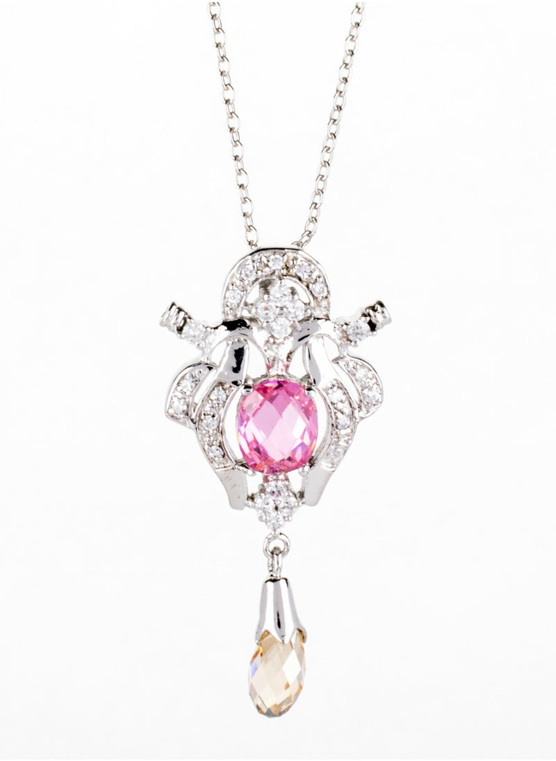 The Black Pearl Accessories - Platinum Necklace with Pink Crystal Stone and Zircone Stone - Image 1