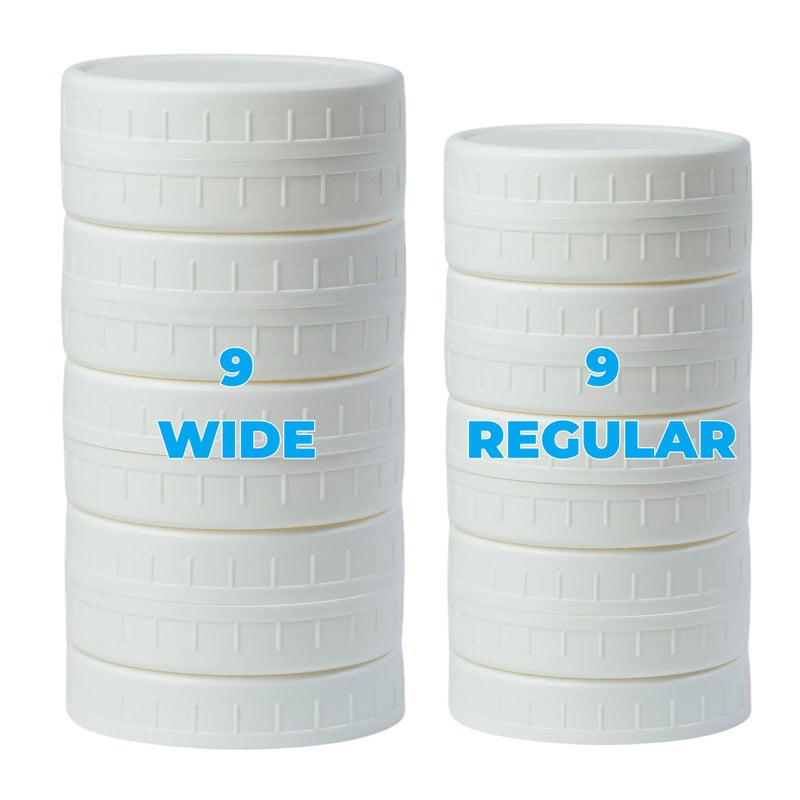 Bedgeta 18 Pack White Plastic Mason Jar Lids with Silicone Rings, 9 Wide Mouth & 9 Regular Mouth Canning Lids for Ball & Kerr and More, 86mm &70mm Plastic Mason Jar Lids - Image 1