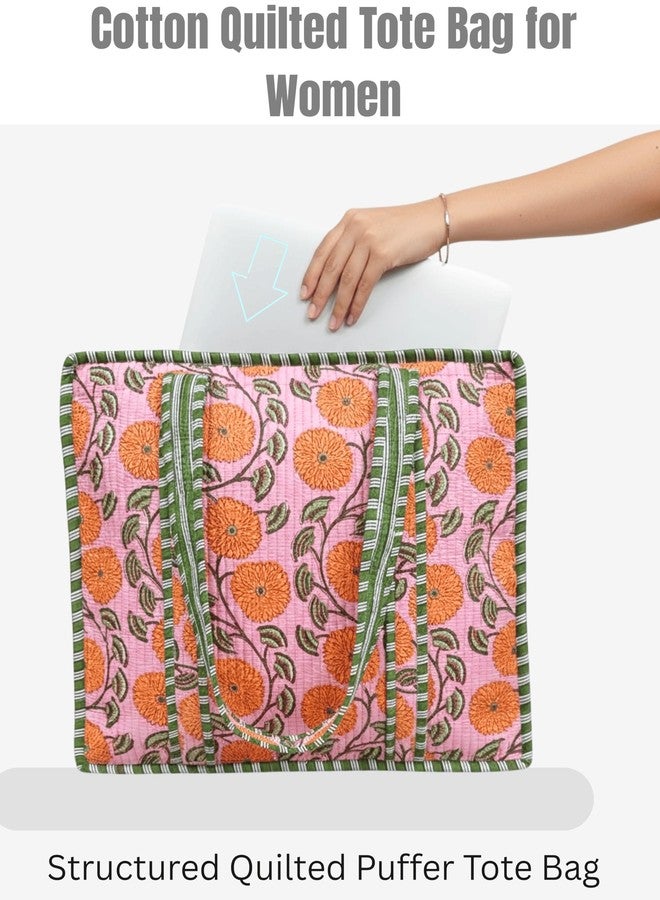 Third Eye Export 100% Cotton Quilted Tote Bag 18x16- Large Zipper Beach Bag & Travel Bag Green Purse Reusable Grocery Bags, Classic Rose Duckling Floral Print, 18X16 Inches - Image 5