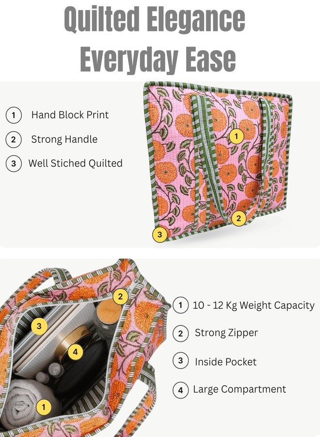 Third Eye Export 100% Cotton Quilted Tote Bag 18x16- Large Zipper Beach Bag & Travel Bag Green Purse Reusable Grocery Bags, Classic Rose Duckling Floral Print, 18X16 Inches - Image 4