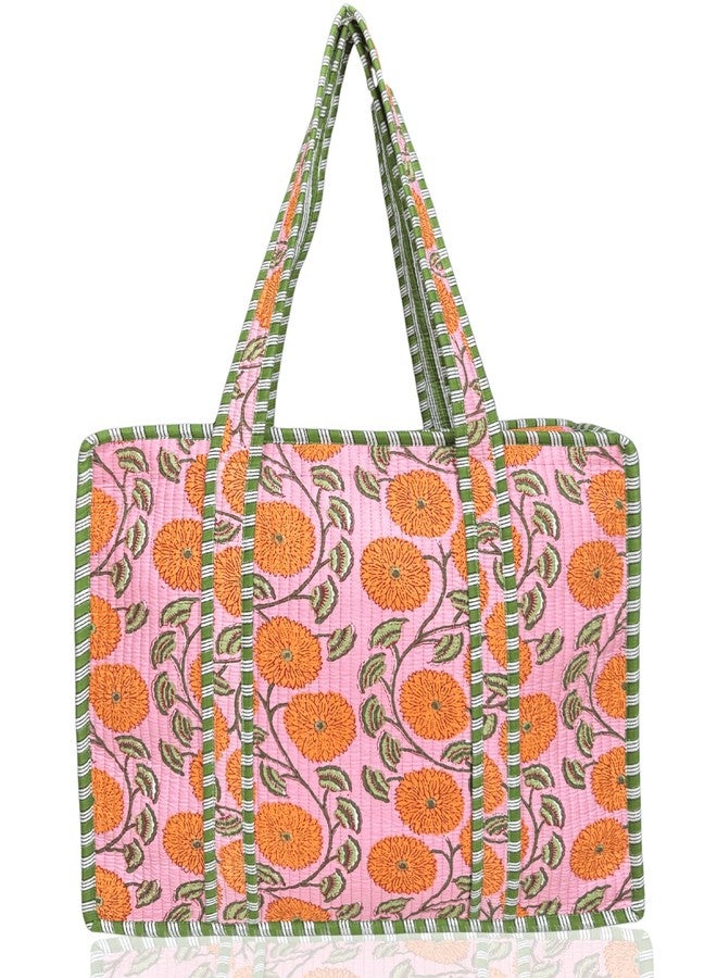 Third Eye Export 100% Cotton Quilted Tote Bag 18x16- Large Zipper Beach Bag & Travel Bag Green Purse Reusable Grocery Bags, Classic Rose Duckling Floral Print, 18X16 Inches - Image 1