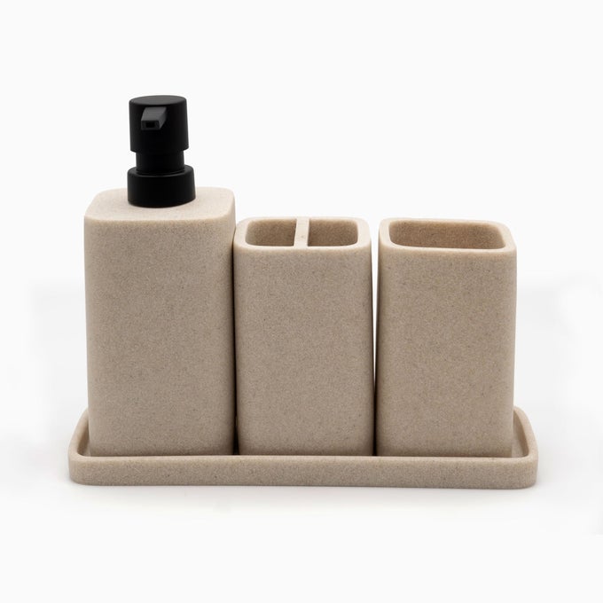 BEIGE BATHROOM ACCESSORY SETS 4 PIECES BATHROOM ACCESSORIES COMPLETE SET VANITY COUNTERTOP ACCESSORY SET INCLUDES LOTION DISPENSER SOAP PUMP TUMBLER TOOTHBRUSH HOLDER AND TRAY