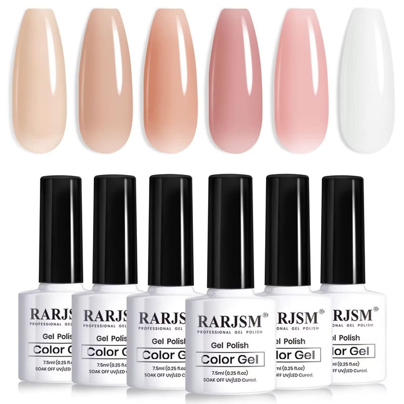 RARJSM Nude Gel Nail Polish Apricot Peach Pink Jelly Gel Polish Set of 6 Transparent Colors 75ml Clear Purple Sheer Wine Red Milky Mavue French Manicure LED UV Gel Soak Off Curing Requires Home