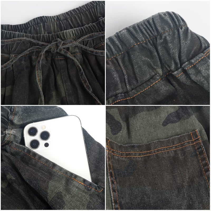 UQJE Women's Camo Wide Leg Baggy Jeans Plus Size Loose Elastic Waist Denim Pants with Deep Pockets - Image 4