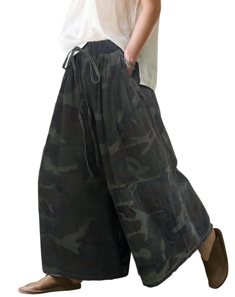 UQJE Women's Camo Wide Leg Baggy Jeans Plus Size Loose Elastic Waist Denim Pants with Deep Pockets - Image 1
