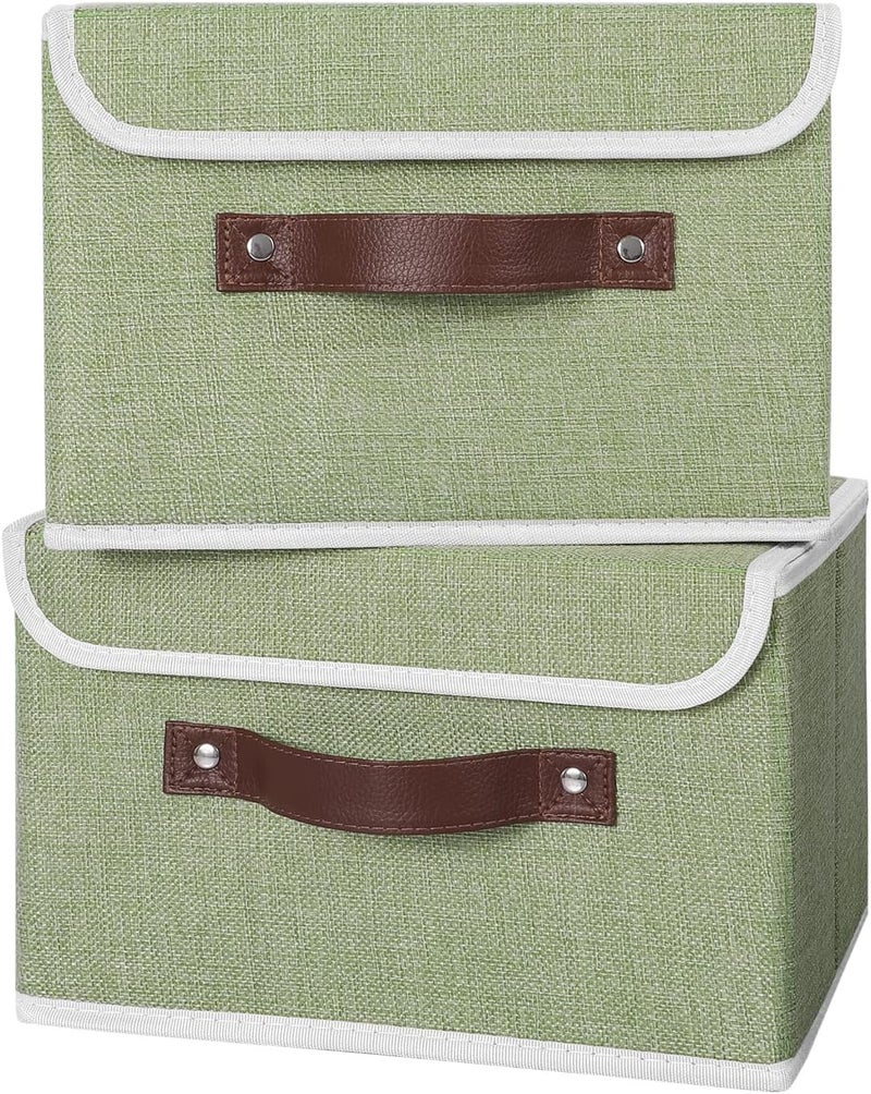 ANMINY 4PCS Storage Bins with Lid PU Leather Handles Storage Boxes PP Plastic Board Decorative Foldable Lidded Cotton Linen Fabric Home Cubes Baskets Closet Organizer Containers - Green, Small Size - Image 5