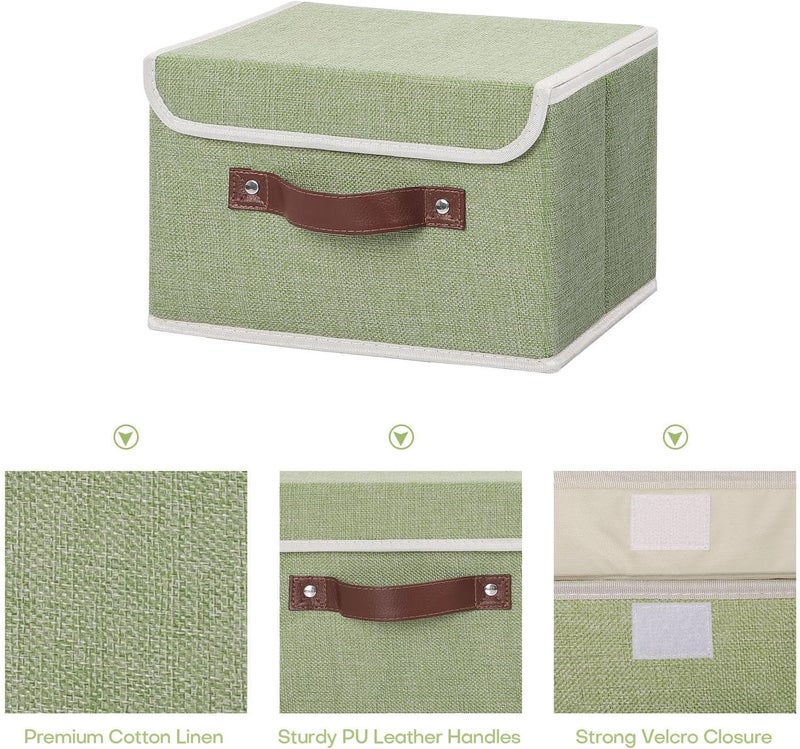 ANMINY 4PCS Storage Bins with Lid PU Leather Handles Storage Boxes PP Plastic Board Decorative Foldable Lidded Cotton Linen Fabric Home Cubes Baskets Closet Organizer Containers - Green, Small Size - Image 3