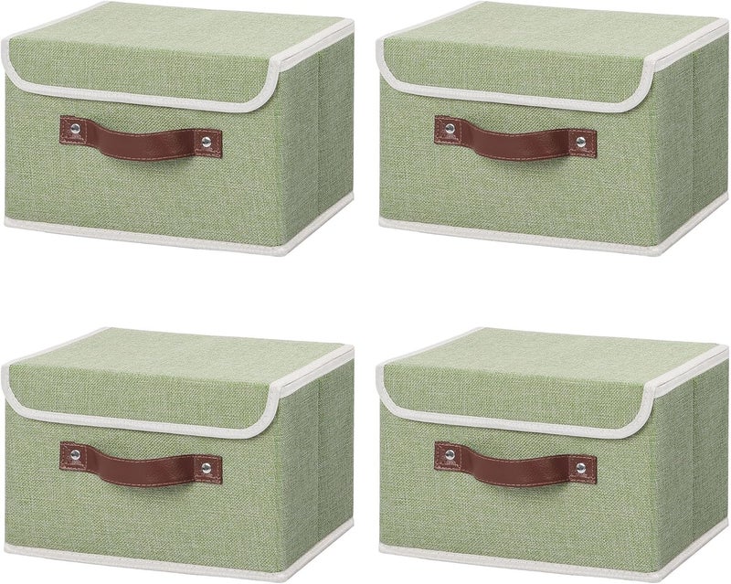 ANMINY 4PCS Storage Bins with Lid PU Leather Handles Storage Boxes PP Plastic Board Decorative Foldable Lidded Cotton Linen Fabric Home Cubes Baskets Closet Organizer Containers - Green, Small Size - Image 1