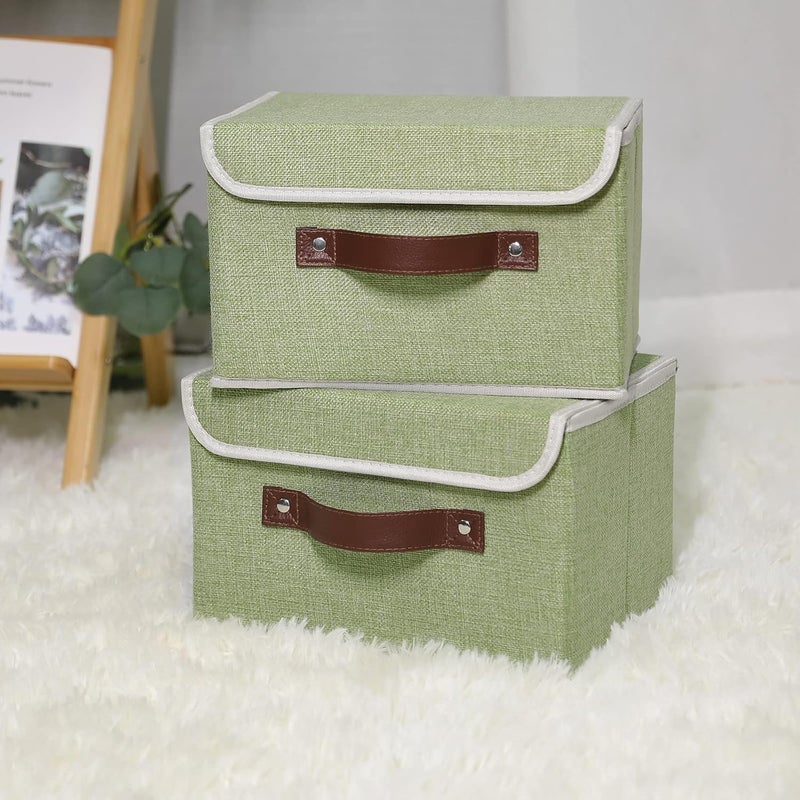 ANMINY 4PCS Storage Bins with Lid PU Leather Handles Storage Boxes PP Plastic Board Decorative Foldable Lidded Cotton Linen Fabric Home Cubes Baskets Closet Organizer Containers - Green, Small Size - Image 2
