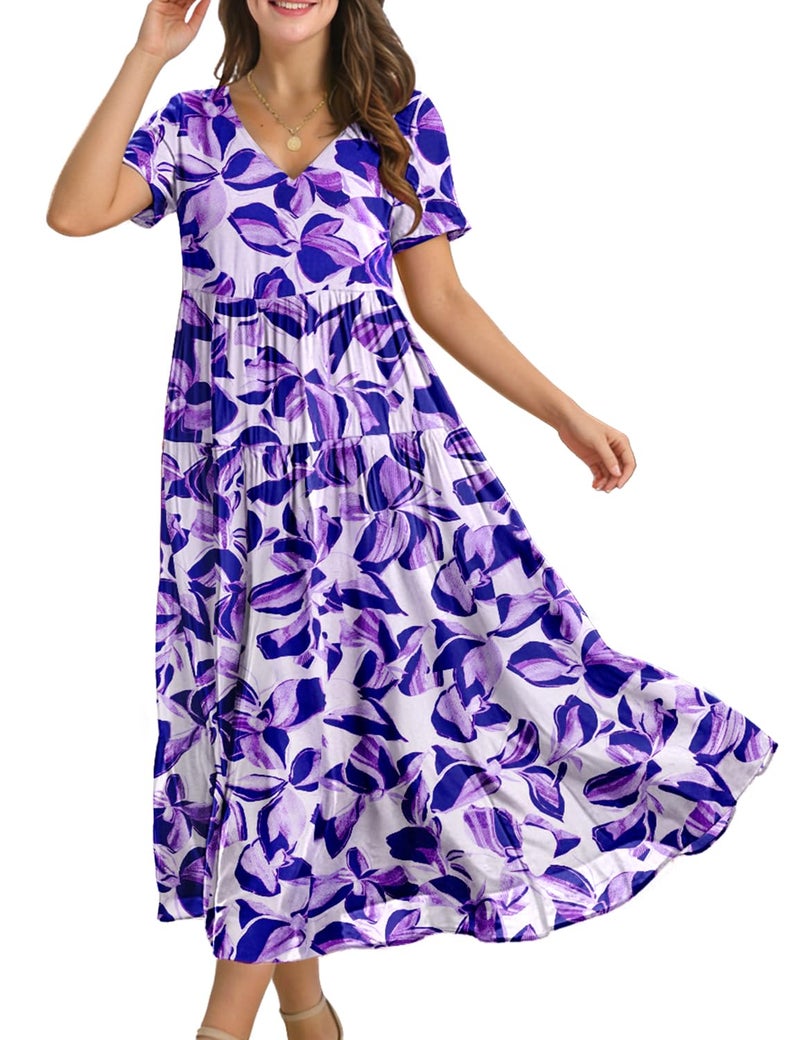 YESNO Women's Summer Maxi Dresses Casual Floral Short Sleeve V Neck Boho Beach Vacation Swing Dress with Pockets XL EVF CR487 - Image 1