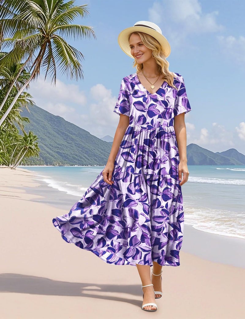YESNO Women's Summer Maxi Dresses Casual Floral Short Sleeve V Neck Boho Beach Vacation Swing Dress with Pockets XL EVF CR487 - Image 5