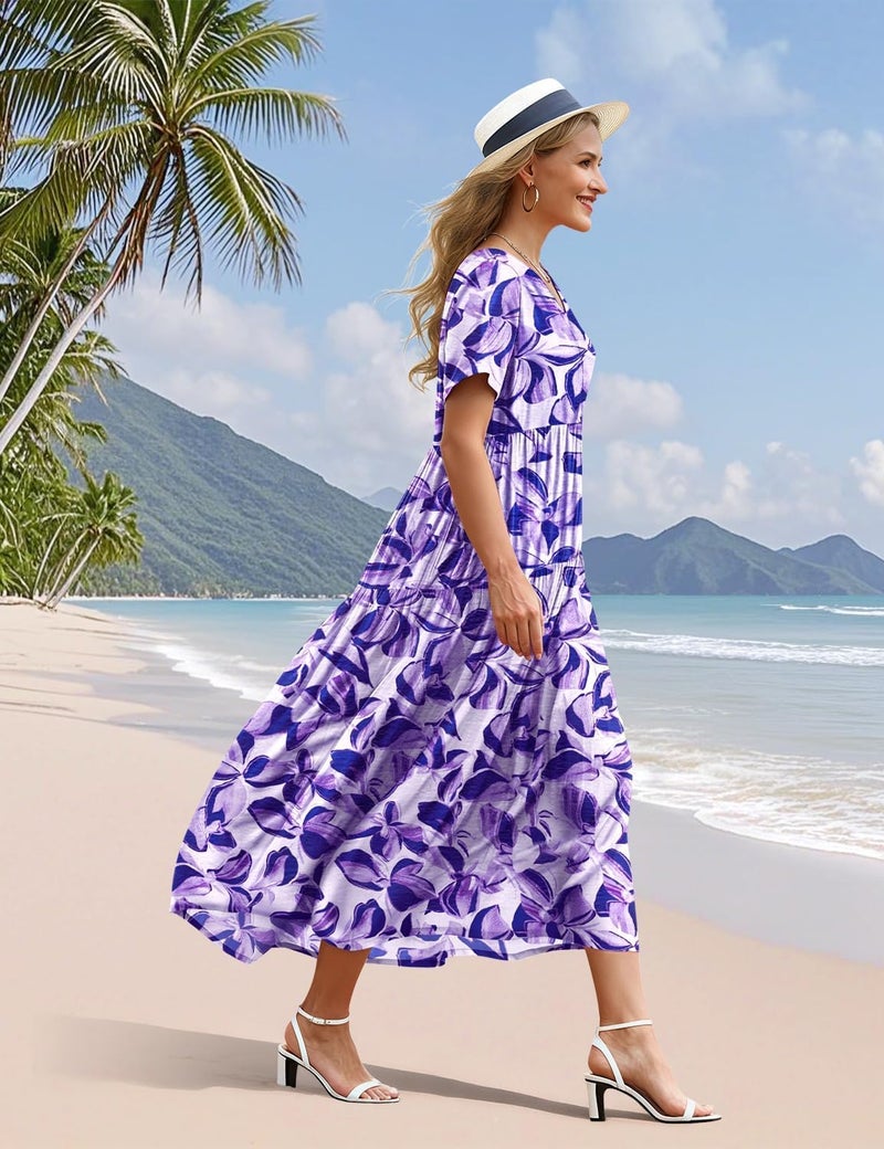 YESNO Women's Summer Maxi Dresses Casual Floral Short Sleeve V Neck Boho Beach Vacation Swing Dress with Pockets XL EVF CR487 - Image 3