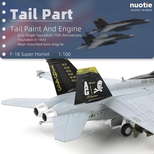 NUOTIE 1/100 F/A-18 Super Hornet Diecast Metal Fighter Jet Model Kits Pre-Build Replica 1943-2018 Jolly Roger Livery Military for Display Collection or Gift - Image 4