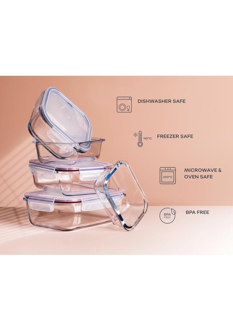 Toshionics - 4 pieces Glass Food Containers Set with Airtight Lids 1040 ml Pack Lunch Box Glass Storage Box Kitchen Cabinet Fridge Organizer Food Meal Prep Container Glass (Rectangle) - Image 1