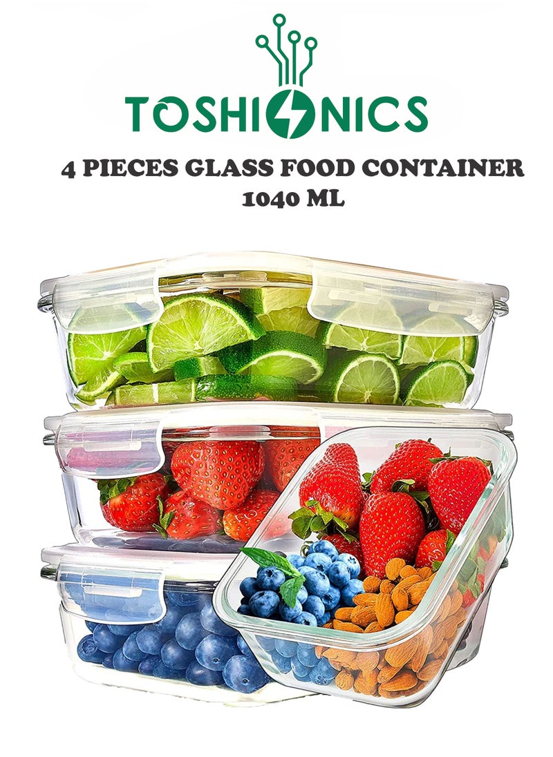 Toshionics - 4 pieces Glass Food Containers Set with Airtight Lids 1040 ml Pack Lunch Box Glass Storage Box Kitchen Cabinet Fridge Organizer Food Meal Prep Container Glass (Rectangle) - Image 1