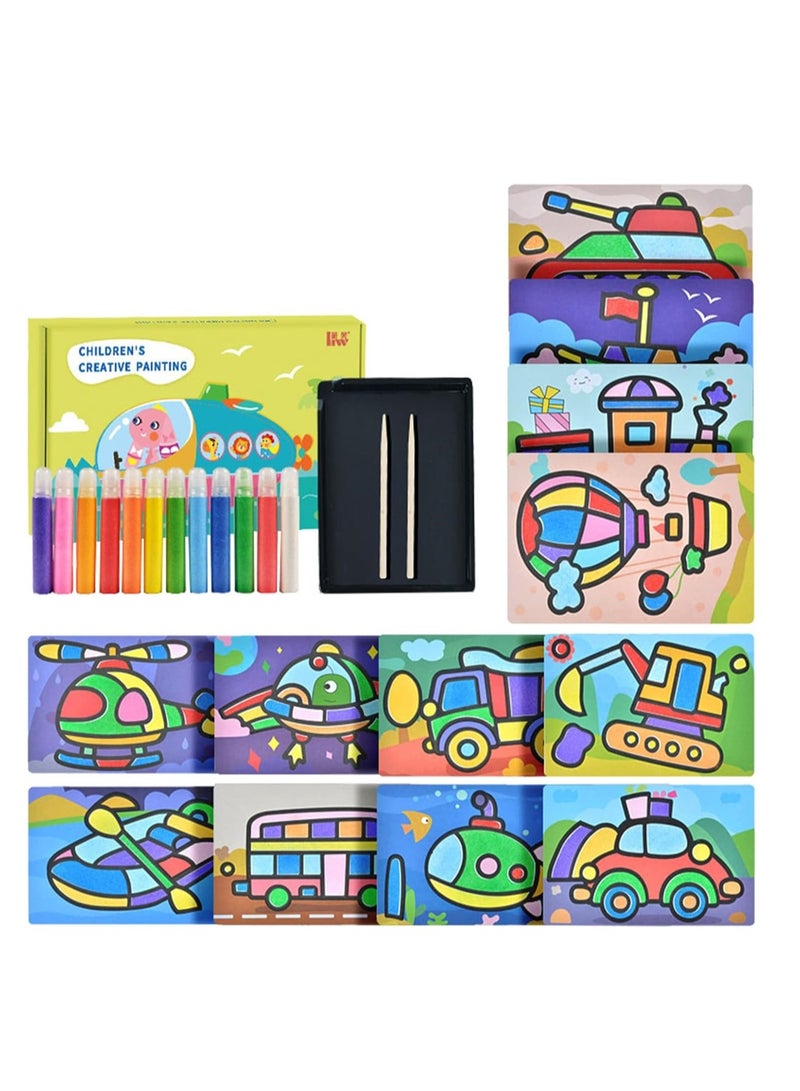SYOSI Sand Painting Kit for Kids, Complete Sand Painting Tool Colored Sand Paintings with 12 Sand and 12 Paintings, Table Sand Art Toys DIY Sand Art, Brush Wooden Pen Sand for Kids - Image 1