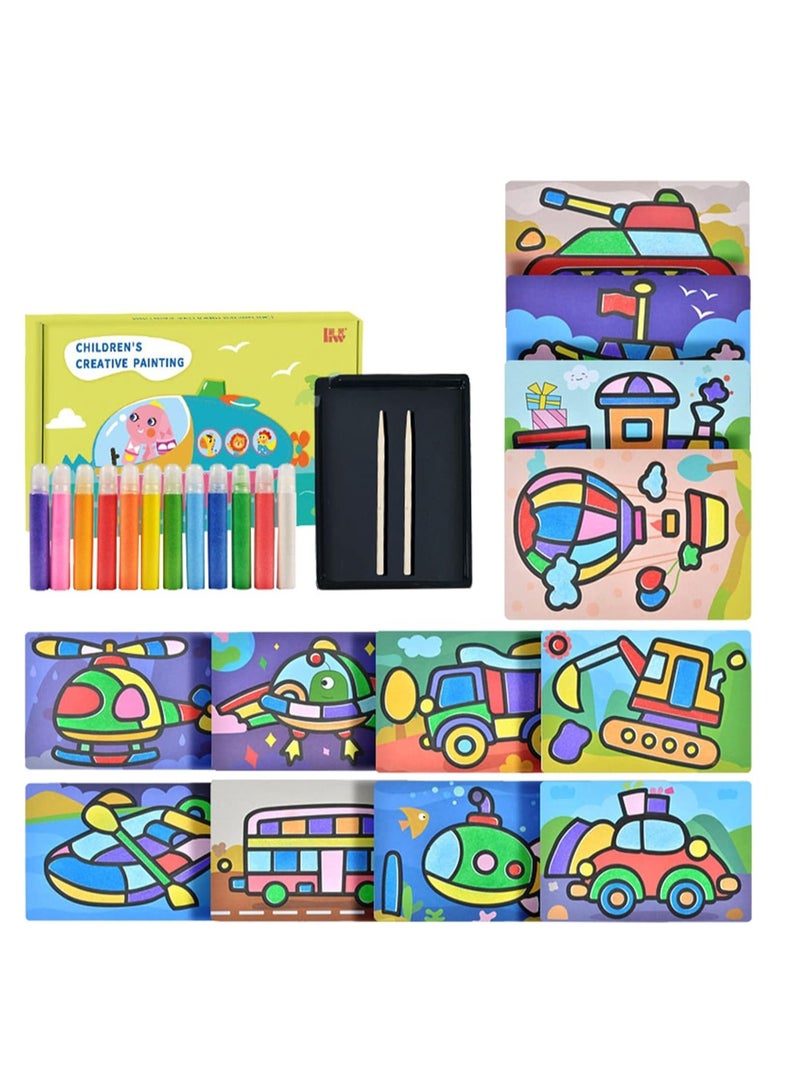 SYOSI Sand Painting Kit for Kids, Complete Sand Painting Tool Colored Sand Paintings with 12 Sand and 12 Paintings, Table Sand Art Toys DIY Sand Art, Brush Wooden Pen Sand for Kids - Image 2