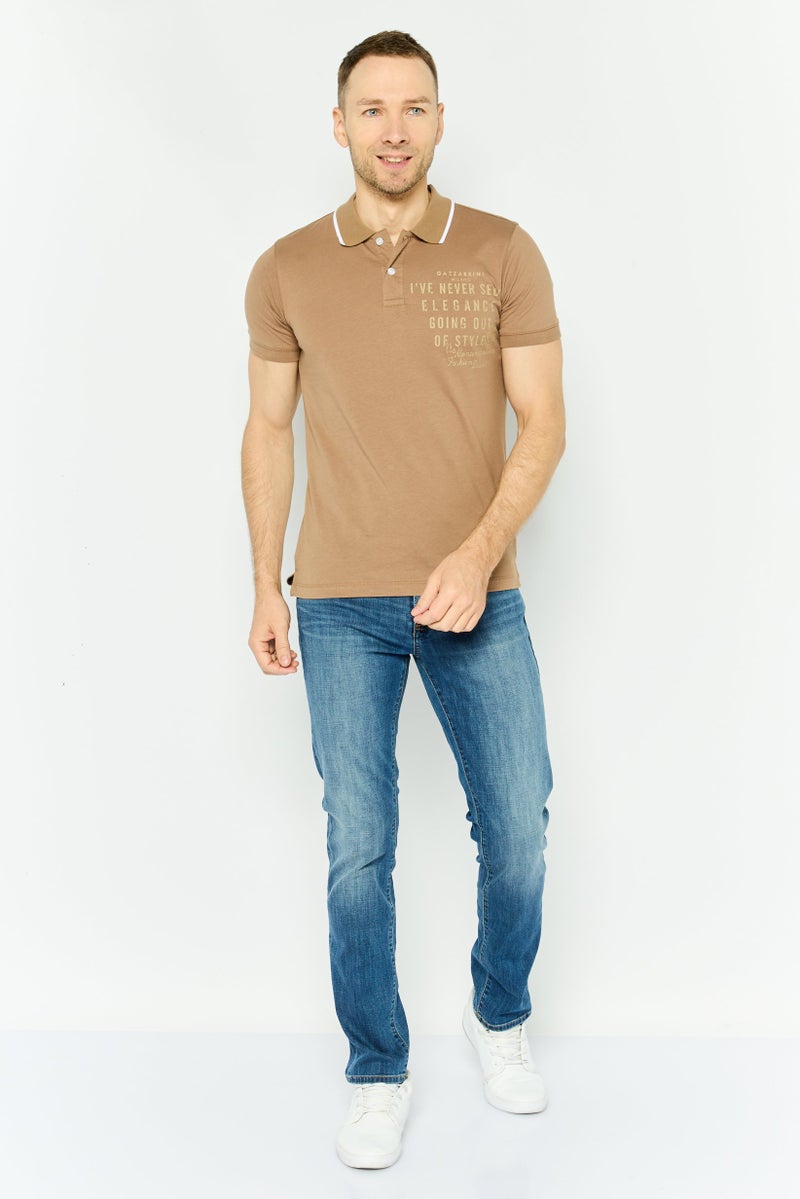 Gazzarrini قميص بولو قصير الأكمام للرجال بتصميم جرافيكي وقصة عادية، تان - Image 4