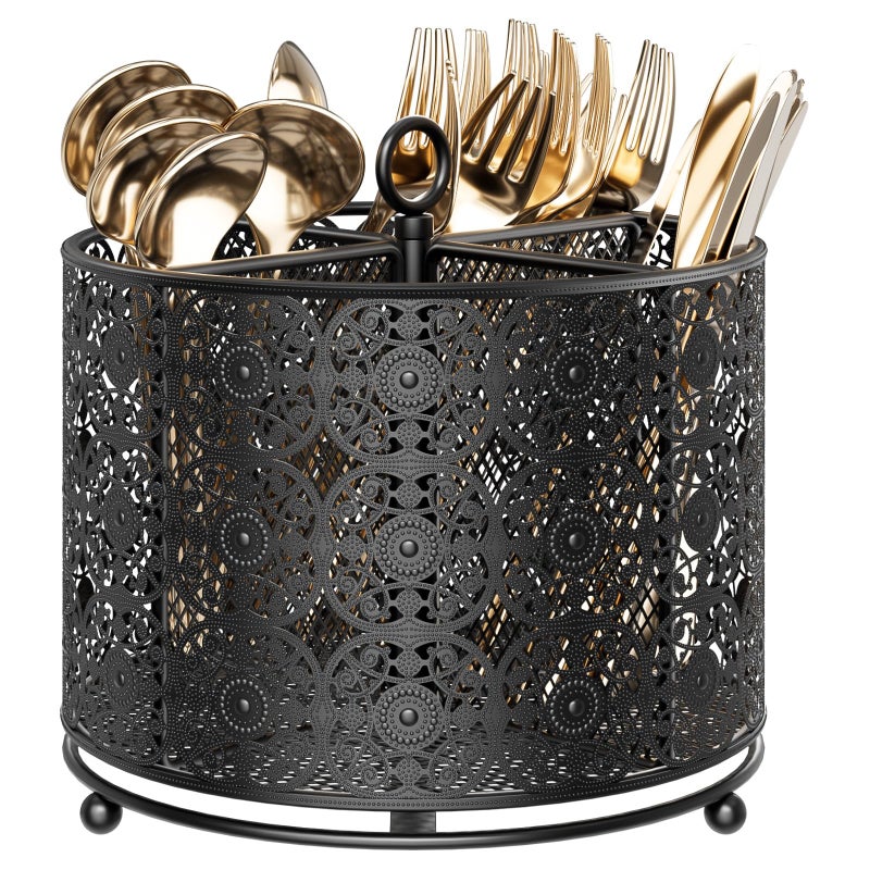 YIUKEA 360 Rotating Utensil Caddy Countertop  Cutlery Silverware Caddy Holder with 4 Compartment  Higher Raised Flatware Organizer with Handle for Party Kitchen Counter Office Black
