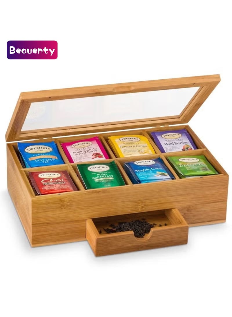 Beauenty Premium Bamboo Tea Box Organizer Wood Tea Chest with Slide-Out Drawer and Acrylic Window Magnet Lid Keeps Teabag Fresh - Image 1