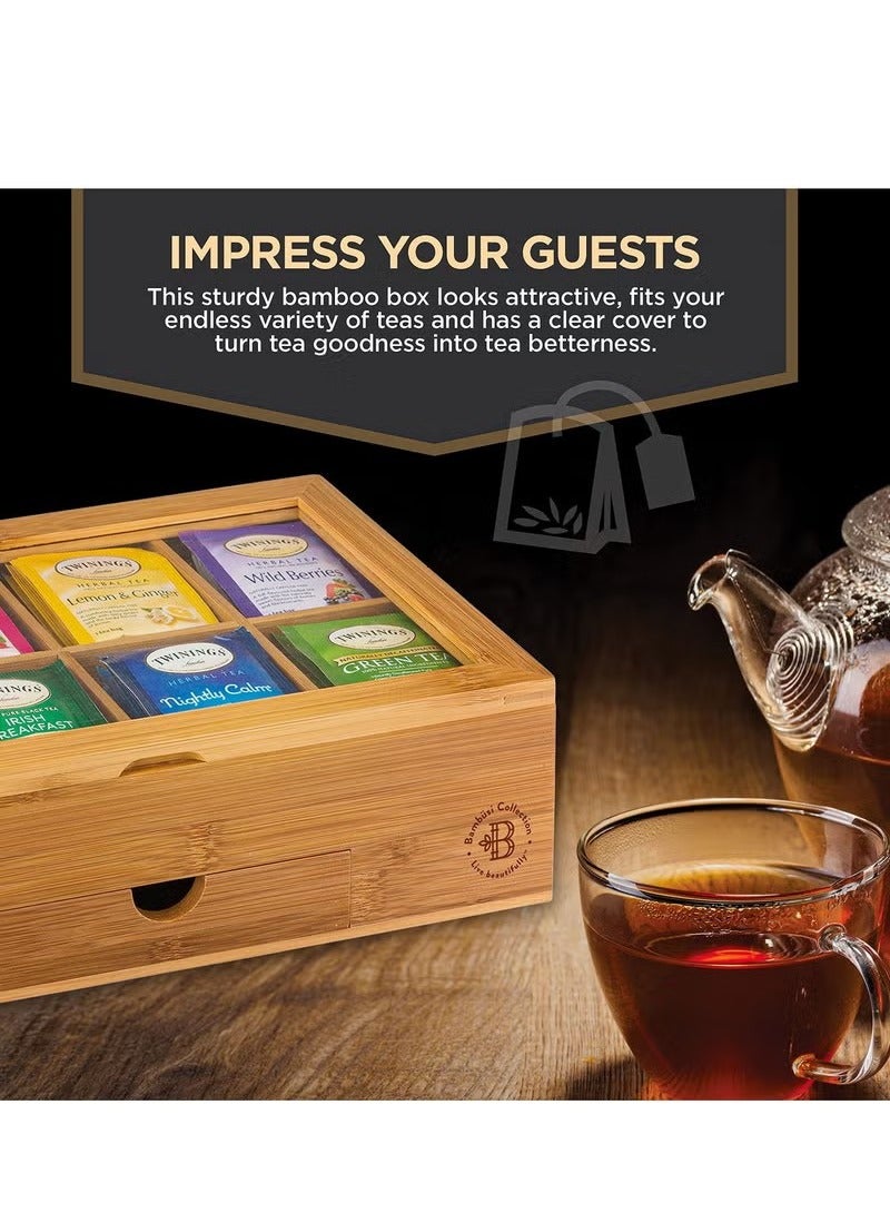 Beauenty Premium Bamboo Tea Box Organizer Wood Tea Chest with Slide-Out Drawer and Acrylic Window Magnet Lid Keeps Teabag Fresh - Image 4
