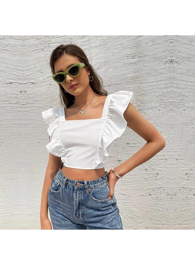 European And American Women's New Backless Strap Lotus Leaf Sleeve Fresh Sweet Square Neck T-shirt Vest Sleeveless Top 