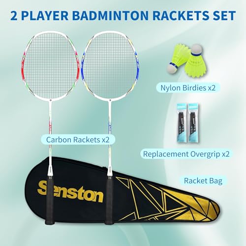 Senston 2 Badminton Rackets with Carry Bag | Lightweight Graphite for Adults & Teens | Includes 2 Shuttlecocks & 2 Grips | Perfect for Family, Beginners & Outdoor Games (Blue+Red) - Image 2