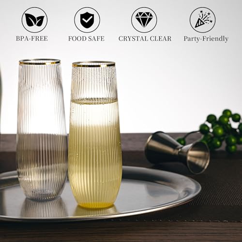 HOMIP 36pcs Plastic Champagne Flutes with Gold Rim - 9oz BPA-free Disposable Champagne Glasses, Ribbed Ripple Design for Weddings, Parties, Bars & Events (Stemless, Durable) - Image 4