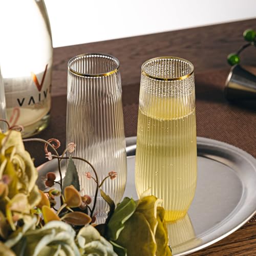 HOMIP 36pcs Plastic Champagne Flutes with Gold Rim - 9oz BPA-free Disposable Champagne Glasses, Ribbed Ripple Design for Weddings, Parties, Bars & Events (Stemless, Durable) - Image 5