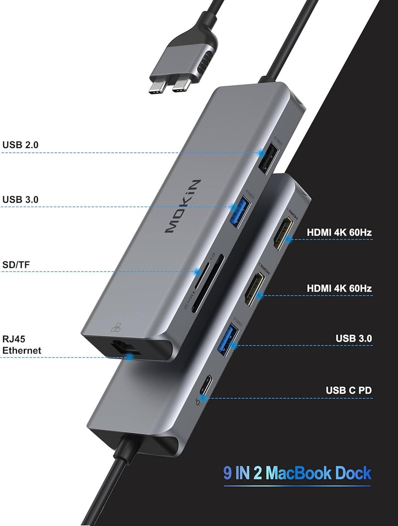 Mokin MacBook Pro Docking Station, USB C Multiport Adapter for Mac Book Pro, 9 in 2 Thunderbolt 3 Adapter Mac Dongle MacBook with 2 HDMI(4K @60Hz), 3USB3.0,SD TF and 100W PD USB C Port,Ethernet Port - Image 2